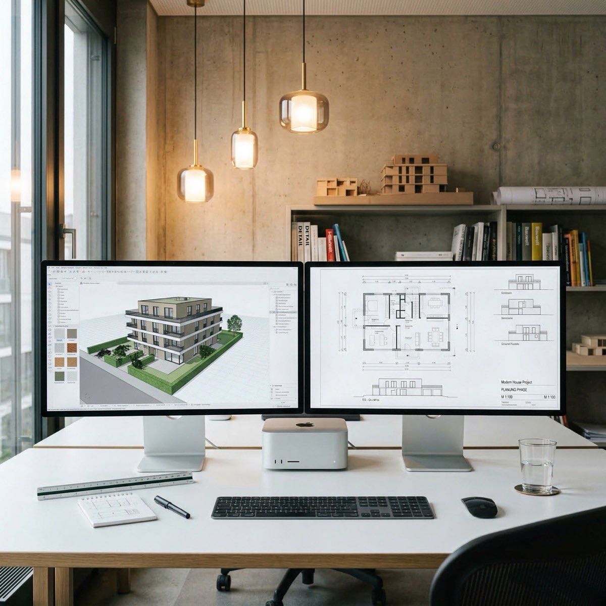 Modernes Architekturb&uuml;ro mit Mac Studio und zwei Monitoren